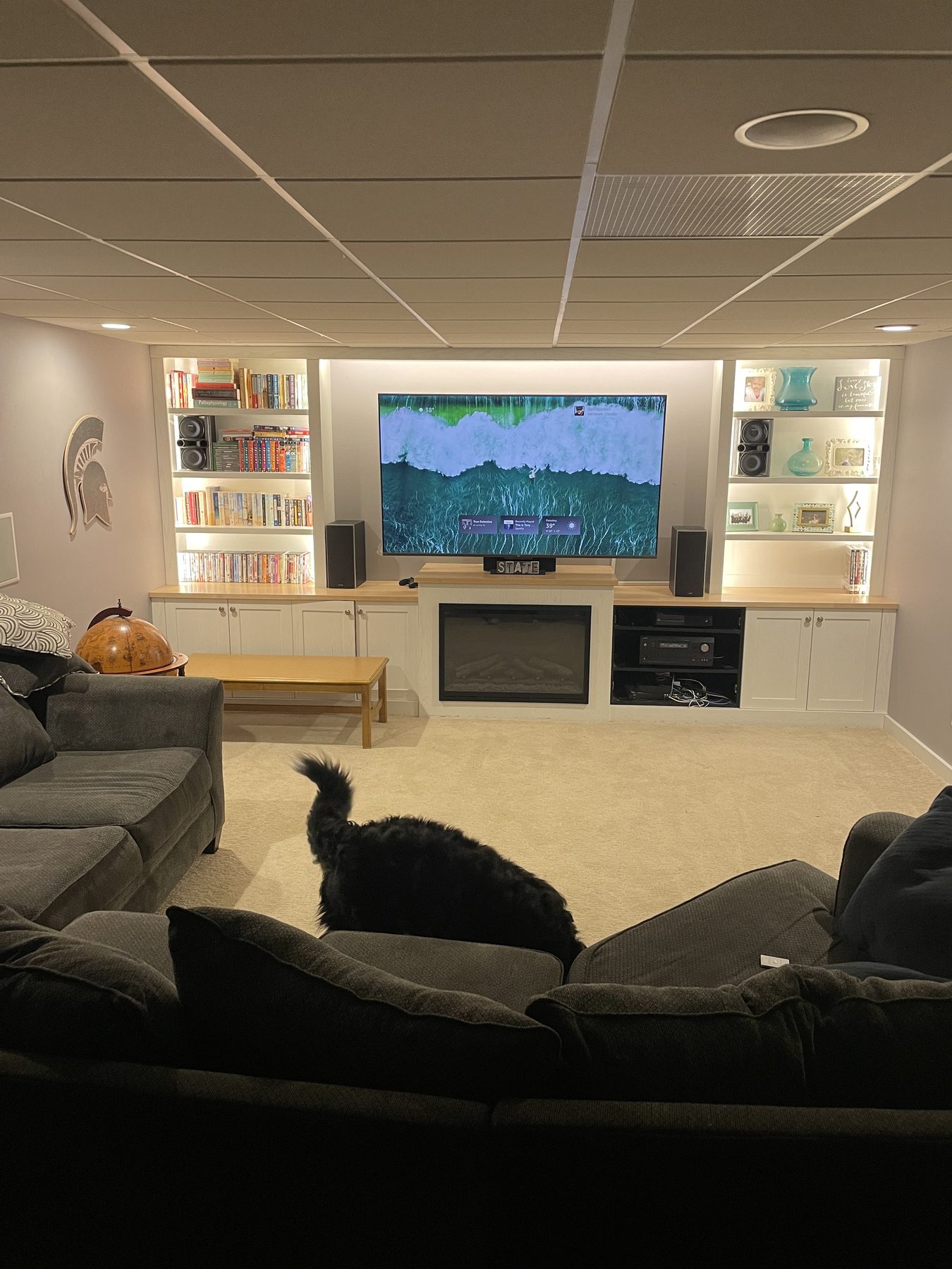 Cozy media room with a wall-mounted TV showing a beach scene, in-wall left and right speakers built into surrounding bookshelves, center channel and source components in the lower bay, and a dog on the sofa